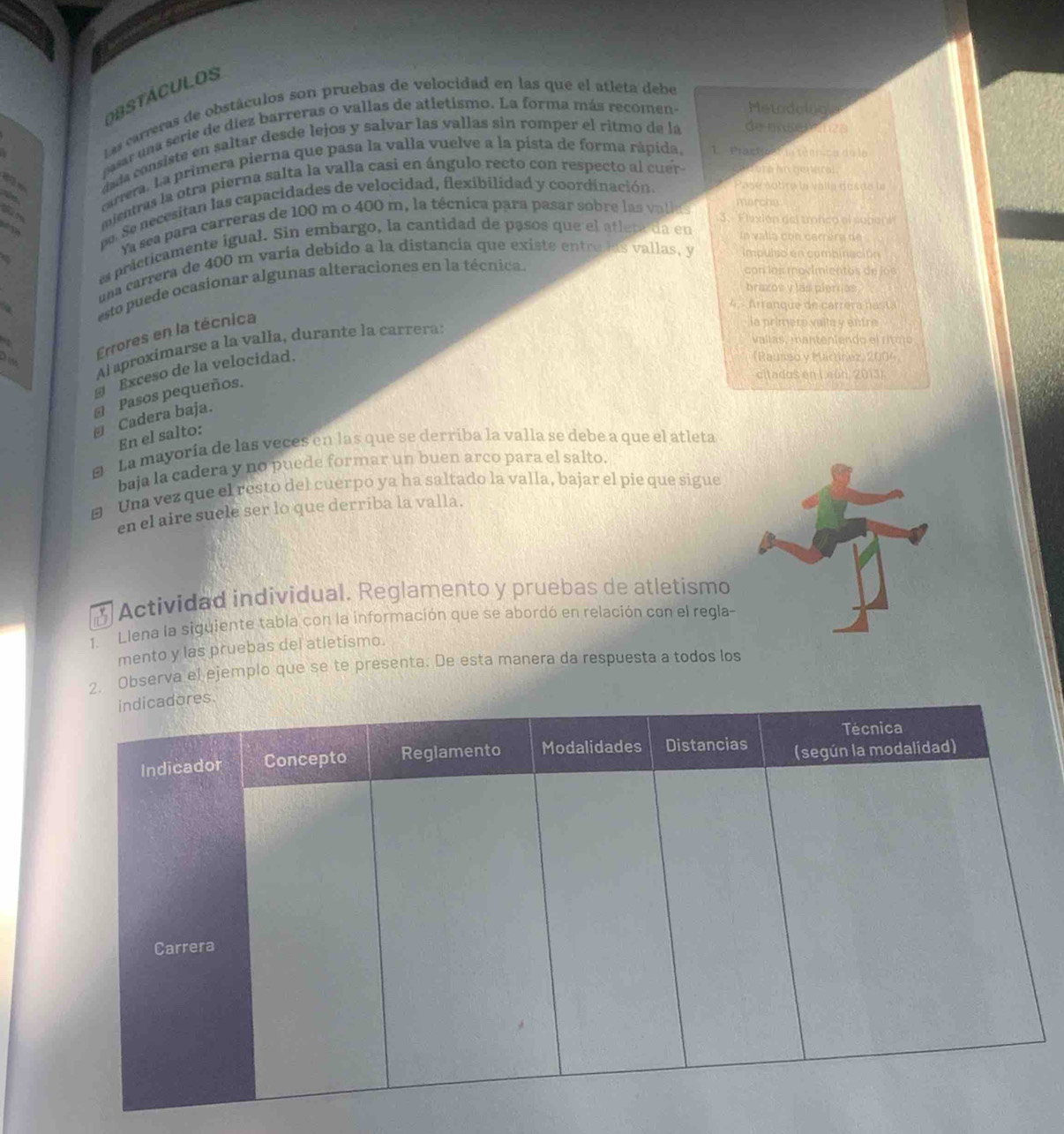 á cu l o s
Las carreras de obstáculos son pruebas de velocidad en las que el atleta debe
de mse anza
sasar una serie de diez barreras o vallas de atletismo. La forma más recomen Metodolog
4m dada consiste en saltar desde lejos y salvar las vallas sin romper el ritmo de la
carrera. La primera pierna que pasa la valla vuelve a la pista de forma rápida, 1 Prack la ténca de la
Pase sotre la valla dusde la
mientras la otra pierna salta la valla casi en ángulo recto con respecto al cuer- ore am general .
marcha
po. Se necesitan las capacidades de velocidad, flexibilidad y coordinación.
3. Flexión del trofico el supent
Ya sea para carreras de 100 m o 400 m, la técnica para pasar sobre las valh 
es prácticamente igual. Sin embargo, la cantidad de pasos que el atlere da en In valia con carrera de
una carrera de 400 m varía debido a la distancia que existe entrelas vallas, y impulso en combinación
esto puede ocasionar algunas alteraciones en la técnica.
con los movimientos de los
brazos y las piernes
4 - Arranque de carrera na sta
Errores en la técnica
a vallas, manteniendo el ritmo.
Al aproximarse a la valla, durante la carrera:
la primero valte y entre
# Exceso de la velocidad.
(Raunso y Martínez, 2004
citados en Lxún, 2013).
€ Pasos pequeños.
€ Cadera baja.
En el salto:
 La mayoría de las veces en las que se derriba la valla se debe a que el atleta
baja la cadera y no puede formar un buen arco para el salto.
a Una vez que el resto del cuerpo ya ha saltado la valla, bajar el pie que sigue
en el aire suele ser lo que derriba la valla.
3 Actividad individual. Reglamento y pruebas de atletismo
1. Llena la siguiente tabla con la información que se abordó en relación con el regla
mento y las pruebas del atletismo.
2. Observa el ejemplo que se te presenta. De esta manera da respuesta a todos los