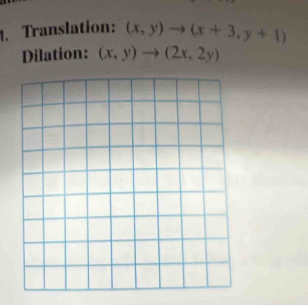 Translation: (x,y)to (x+3,y+1)
Dilation: (x,y)to (2x,2y)