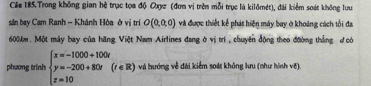 Câu 185.Trong không gian hệ trục tọa độ Oxyz (đơn vị trên mỗi trục là kilômét), đài kiểm soát không lưu 
sân bay Cam Ranh - Khánh Hòa ở vị trí O(0;0;0) và được thiết kế phát hiện máy bay ở khoảng cách tổi đa
600km. Một máy bay của hãng Việt Nam Airlines đang ở vị trí , chuyên động theo đường thẳng có 
phương trình beginarrayl x=-1000+100t y=-200+80t(t∈ R) z=10endarray. và hướng về đài kiểm soát không lưu (như hình vẽ).