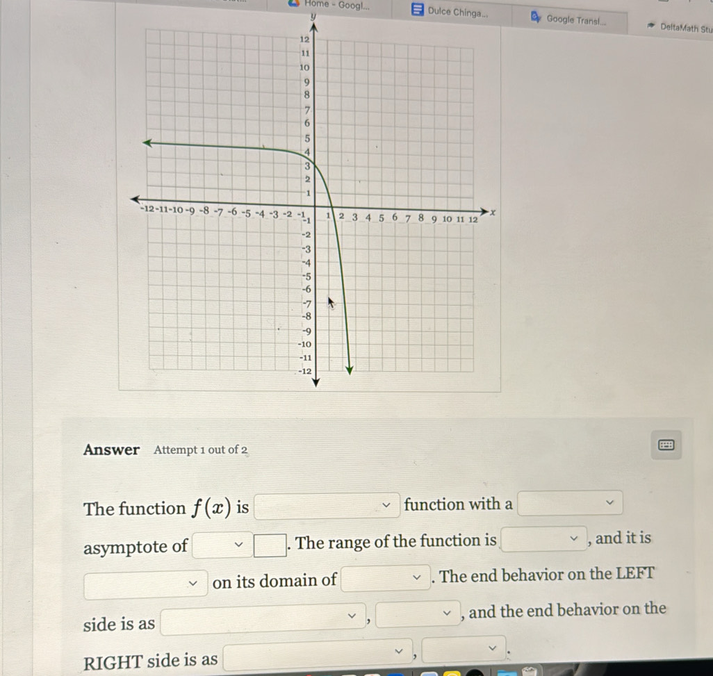 Home - Googl... Dulce Chinga... Google Transl... DeltaMath Stu 
Answer Attempt 1 out of 2 
44 
The function f(x) is □ vee function with a □ vee 
asymptote of □ □. . The range of the function is □ , and it is
□ on its domain of □. The end behavior on the LEFT 
side is as □ □ , □ , and the end behavior on the 
RIGHT side is as □ , □ .