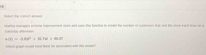 Select the correct answer. 
Martha manages a home improvement store and uses this function to model the number of customers that visit the store each hour on a 
Saturday afternoon
n(t)=-2.82t^2+25.74t+60.87
Which graph would most likely be associated with this model?