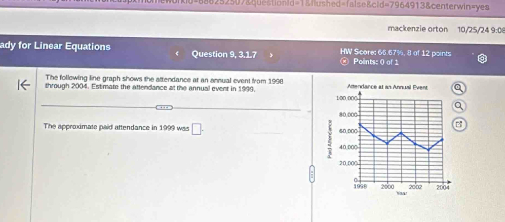 36252507&questionid=1&flushed=false&cid=7964913&centerwin=yes 
mackenzie orton 10/25/24 9:08 
ady for Linear Equations HW Score: 66.67%, 8 of 12 points 
Question 9, 3.1.7 Points: 0 of 1 
The following line graph shows the attendance at an annual event from 1998
through 2004. Estimate the attendance at the annual event in 1999. 
The approximate paid attendance in 1999 was □.