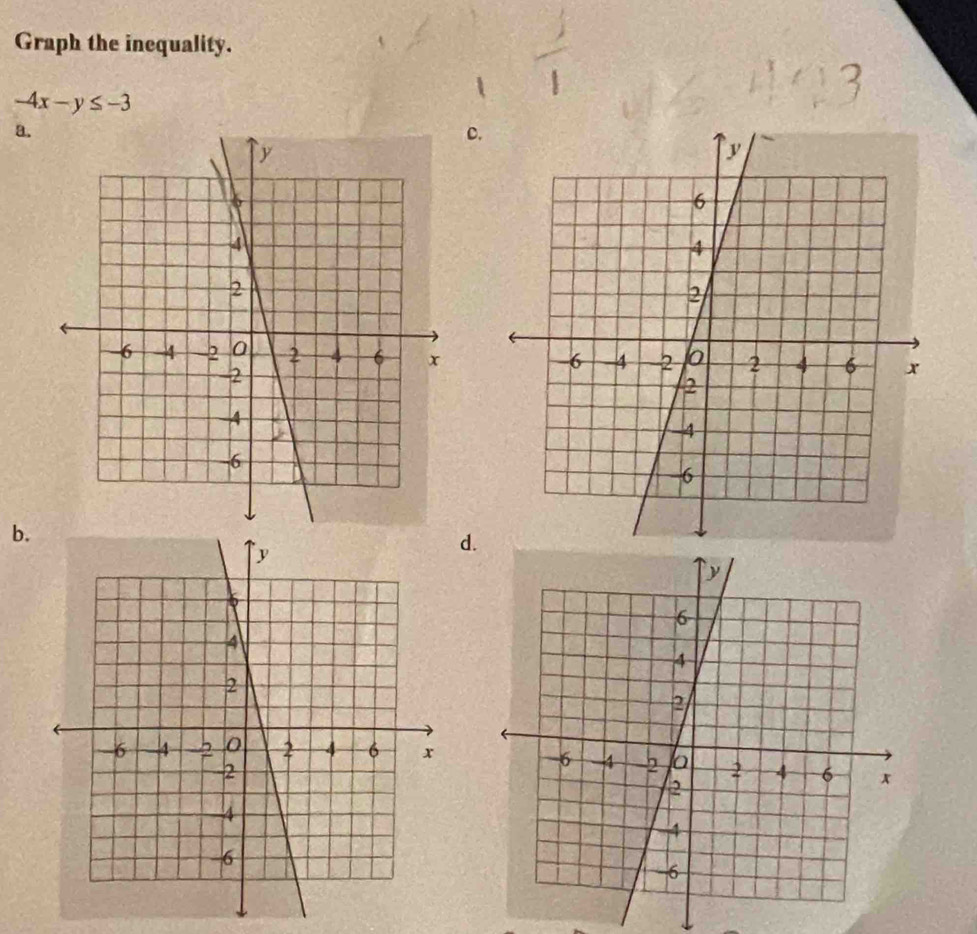 Graph the inequality.
-4x-y≤ -3
a. 
c. 
b. 
d.