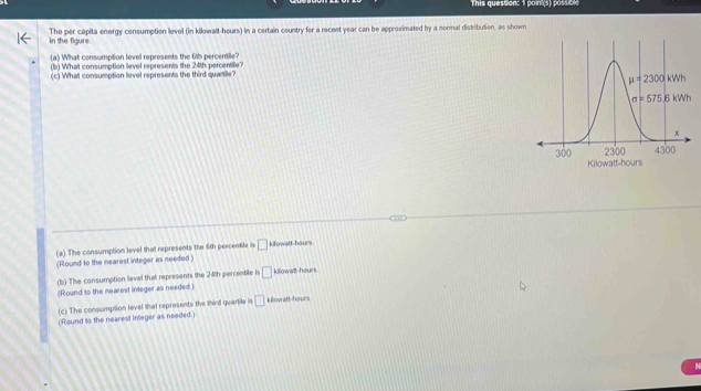 This question: 1 poin(s) possible
in the figure. The per capita energy consumption level (in kilowatt-hours) in a certain country for a recent year can be approximated by a normal distribution, as shown
(a) What consumption level represents the 6th percentile?
(b) What consumption level represents the 24th percentile?
(c) What consumption level represents the third quartile?
Kilowatt-hours
(a) The consumption level that represents the 6th peecentile is □ killowatt-hours
(Round to the nearest integer as needed )
(b) The consumption level that represents the 2:4th percentile is □ killowast-hours
(Round to the nearest integer as needed.)
(c) The consumption level that represents the third quartile is □ kilowatt-hours
(Round to the nearest integer as needed)