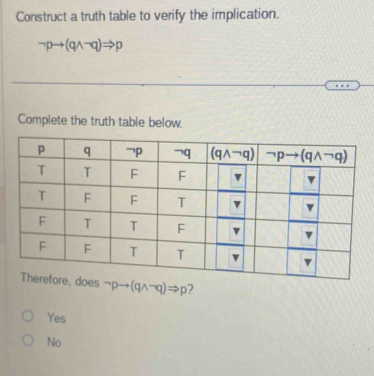 Construct a truth table to verify the implication.
neg pto (qwedge neg q)Rightarrow p
Complete the truth table below.
ore, does neg pto (qwedge neg q)Rightarrow p 2
Yes
No