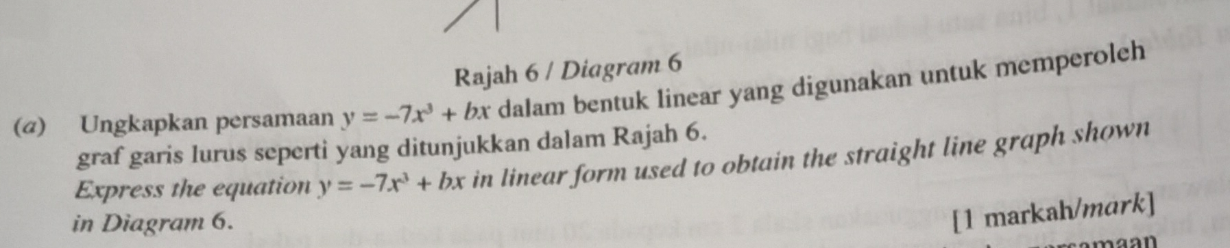 Rajah 6 / Diagram 6
(α) Ungkapkan persamaan y=-7x^3+bx dalam bentuk linear yang digunakan untuk memperoleh
graf garis lurus seperti yang ditunjukkan dalam Rajah 6.
Express the equation y=-7x^3+bx in linear form used to obtain the straight line graph shown
in Diagram 6.
[1 markah/mark]