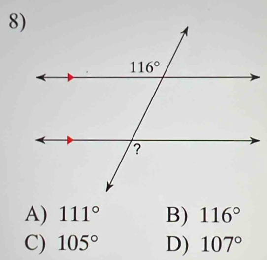 A) 111° B) 116°
C) 105° D) 107°