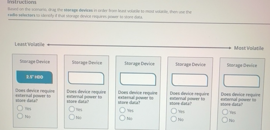 Solved: Instructions Based on the scenario, drag the storage devices in ...