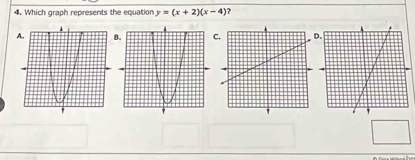 Which graph represents the equation y=(x+2)(x-4) ? 
C.