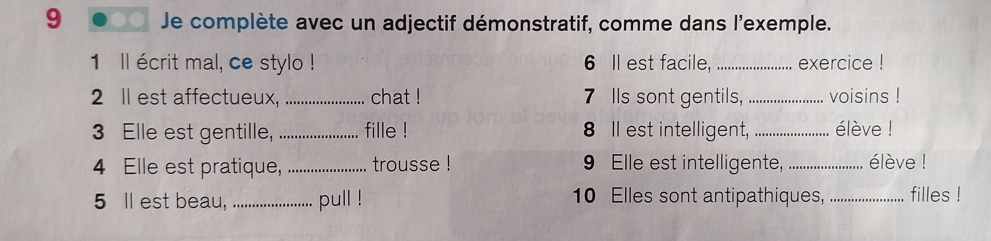 Je complète avec un adjectif démonstratif, comme dans l'exemple. 
1 ll écrit mal, ce stylo ! 6 ll est facile, _exercice ! 
2 ll est affectueux, _chat ! 7 Ils sont gentils, _voisins ! 
3 Elle est gentille, fille ! 8 Il est intelligent, _élève ! 
4 Elle est pratique, _trousse ! 9 Elle est intelligente, _élève ! 
5 ll est beau, _pull ! 10 Elles sont antipathiques, .......... . filles !