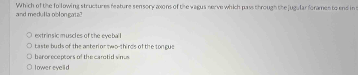 Which of the following structures feature sensory axons of the vagus nerve which pass through the jugular foramen to end in t
and medulla oblongata?
extrinsic muscles of the eyeball
taste buds of the anterior two-thirds of the tongue
baroreceptors of the carotid sinus
lower eyelid