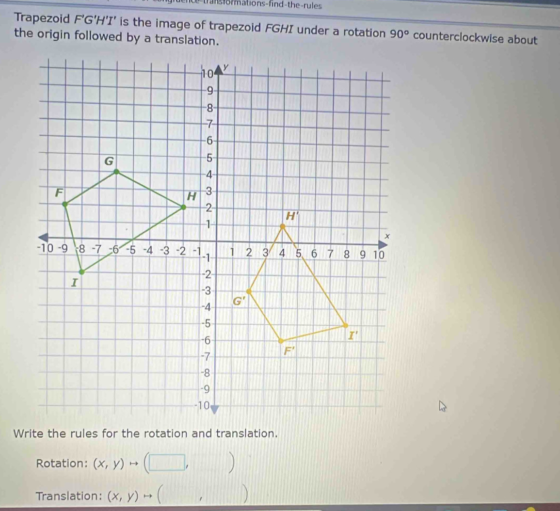 tra  s formations-find-the-rules
Trapezoid F'G'H'I' is the image of trapezoid FGHI under a rotation 90° counterclockwise about
the origin followed by a translation.
Rotation: (x,y)to (□ ,□ )
Translation: (x,y)to (,□ )