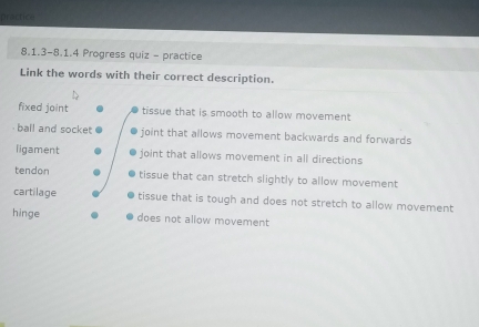 practice
8.1.3-8.1.4 Progress quiz - practice
Link the words with their correct description.
fixed joint tissue that is smooth to allow movement
ball and socket joint that allows movement backwards and forwards
ligament joint that allows movement in all directions
tendon tissue that can stretch slightly to allow movement
cartilage tissue that is tough and does not stretch to allow movement
hinge does not allow movement