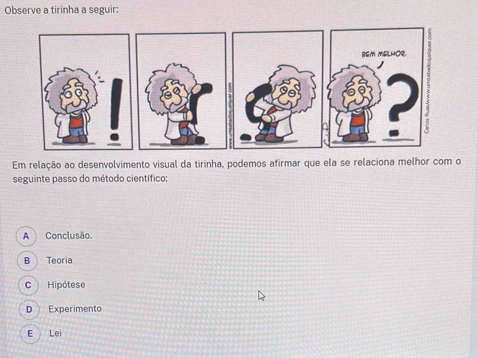 Observe a tirinha a seguir:
Em relação ao desenvolvimento visual da tirinha, podemos afirmar que ela se relaciona melhor com o
seguinte passo do método científico:
A Conclusão.
B Teoria
C Hipótese
D Experimento
ELei