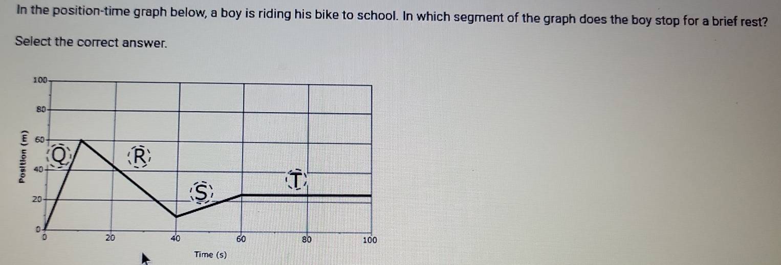 In the position-time graph below, a boy is riding his bike to school. In which segment of the graph does the boy stop for a brief rest? 
Select the correct answer.
100
80
60
5 40
20
S)

20 40 60 80 100
Time (s)