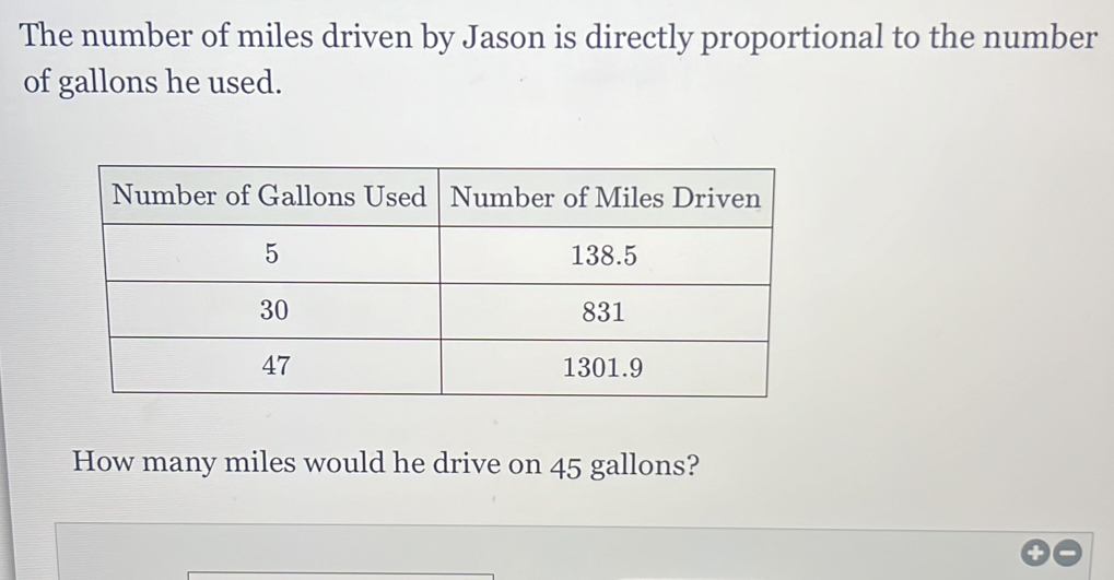 The number of miles driven by Jason is directly proportional to the number 
of gallons he used. 
How many miles would he drive on 45 gallons?