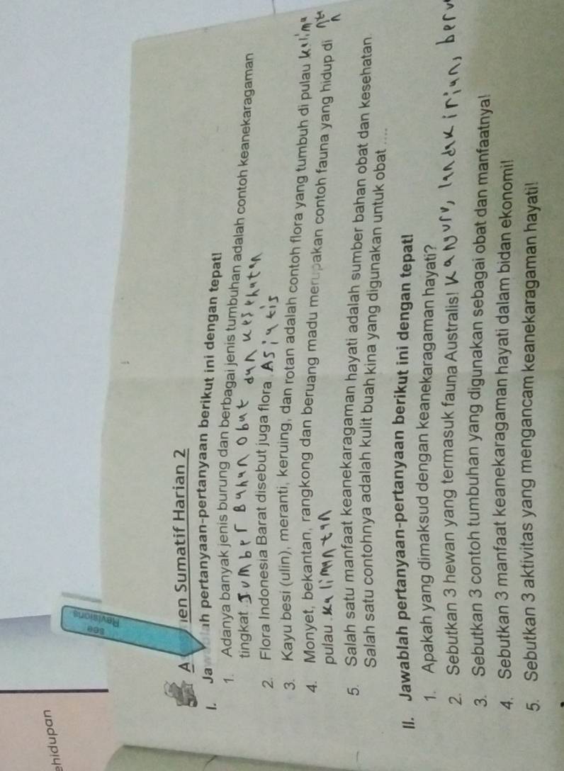 ehidupan 
a 
A en Sumatif Harian 2 
I. Ja Bah pertanyaan-pertanyaan berikut ini dengan tepat! 
1. Adanya banyak jenis burung dan berbagai jenis tumbuhan adalah contoh keanekaragaman 
tingkat 
2. Flora Indonesia Barat disebut juga flora 
3. Kayu besi (ulin), meranti, keruing, dan rotan adalah contoh flora yang tumbuh di pulau 
4. Monyet, bekantan, rangkong dan beruang madu merupakan contoh fauna yang hidup di 
pulau . 
5. Salah satu manfaat keanekaragaman hayati adalah sumber bahan obat dan kesehatan 
Salah satu contohnya adalah kulit buah kina yang digunakan untuk obat .... 
II. Jawablah pertanyaan-pertanyaan berikut ini dengan tepat! 
1. Apakah yang dimaksud dengan keanekaragaman hayati? 
2. Sebutkan 3 hewan yang termasuk fauna Australis! 
3. Sebutkan 3 contoh tumbuhan yang digunakan sebagai obat dan manfaatnya! 
4. Sebutkan 3 manfaat keanekaragaman hayati dalam bidan ekonomi! 
5. Sebutkan 3 aktivitas yang mengancam keanekaragaman hayati!