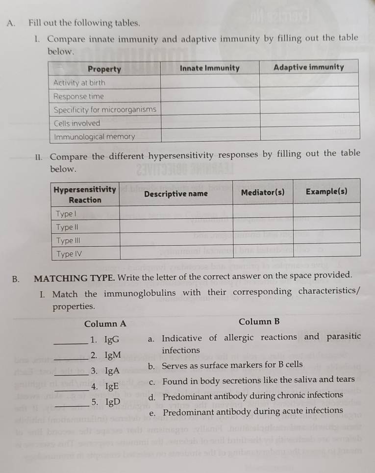 Fill out the following tables.
I. Compare innate immunity and adaptive immunity by filling out the table
below.
II. Compare the different hypersensitivity responses by filling out the table
below.
B. MATCHING TYPE. Write the letter of the correct answer on the space provided.
I. Match the immunoglobulins with their corresponding characteristics/
properties.
Column A Column B
_1. IgG a. Indicative of allergic reactions and parasitic
_2. IgM infections
_3. IgA b. Serves as surface markers for B cells
_4. IgE c. Found in body secretions like the saliva and tears
_5. IgD d. Predominant antibody during chronic infections
e. Predominant antibody during acute infections