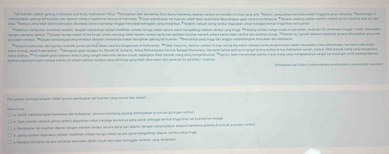 Tali kuantan adalah gelung tradisional asal Kutai, Kalimantan Timur. "Terinspirasi oleh keindahan flora fauna Indonesia, tatanan rambut ini mermsiliki ciri khas yang unik. "Namun, yang paling mencolok adalah tingginya yang menjulang. iluet tingi in
membedakan gelung tali kuantan dan tatanan rambut tradisional lainnya di Indonesia. "Proses pembuatan tali kuantan relatif lebih sederhana dibandingkan gaya rambut kontemporer. ''Tahapan awalnya adalah memin rambul secara spiral ke arah kin dan
atas. "Rambut yang telah dipilin kemudian ditumpuk secara bertahap hingga mencapai ketinggian yang dinginkan. "Terakhir, sebuah jaring rambut digunakan untuk menjaga bentuk tinggi khas tali kuantan.
*Sebelum melakukan sentuhan terakhir, langkah selanjutnya adalah mellšitkan untaian bunga melati secana spiral mengelilingi tatanan rambut yang tinggi. 'Panjang untaian bunga melati ini bervariasi, mulai dari 50 sentimeter hinga 1 meter, disetuakan
dengan panjang rambut. 'Untaïan bunga melati ini berfungsi untuk menutup celah lipatan rambut serta menciptakan kontras menarik antara warna hitam rambut dan puthnya bunga. 'Setelah itu, baruíah aksesori kembang goyang ditempatkan di puscak
gutungan rambut. ''Glauan kembang goyang tersebut semakin menyempurnakan keindahan gelung tali kuantan. ¹*Bentuknya yang tinggi dan anggun melambangkan kemuliaan dan kebesaran.
* 'Secara tradisional, tal kusantan memilki peran penting daïam upacara keagamaan di Kalimantan. 'Tidak hanya itu, tatanan rambut ini juga sering digunakan sehagai tanda penghormatan dalam menyambut tamu kehormatan, terutama pada acar
acara formal, seperti pernikahan. 'Mengenai gaya sanggul ini, Ninoek W. Sunaryo, Ketua Perkumpulan Pecinta Sanggul Nusantara, mencatat bahwa gelung iré sangat jarang terlihat di Iuar Kalimantan sendiri, bahkan tidak baryak orang yang mengetahu
nama aslinya. 'ini adaiah gaya tatanan rambut yang sangat mencolok secara visual, sayangnya tidak banyak orang yang mengetahuinya. ''Namun, kami menemukan bahwa crang-orang yang mengetahuinya sangat bersemangat untuk mefestarikannya
karena organisasi kami merasa bahwa ini adalah warisan budaya yang berharga yang telah diturunkan dari generasi ke generasi," ucaprya.
(Diadaptasi dari https://indonesiakaya.comypustaka-indonesia/tali-kuantary
Peryataan tentang tahapan dalam proses pembuatan tali kuantan yang sesuai teks adalah .
Select one
a. Lntuk melambangkan kemuliaan dan kebesaran, aksesori kembang goyang ditempatkan di puncak gulungan rambut.
b. Saat memilin rambut, jaring rambut digunakan untuk menjaga bentuknya yang spiral sehingga bentuk tinggi khas tali kuantannya terjaga
c. Pembuatan tali kuantan diawali dengan memilin rambut secara spiral dan diakhiri dengan menempatkan aksesori kembang góyang di puncak gulungan rambut.
d. Jaring rambut digunakan setelah melilitkan untaian bunga melati secara spiral mengelilingi tašanan rambut yang tinggi
e. Rambut ditumpuk secara bertahap kemudian dipilin untuk mencapai ketinggian tertentu yang dinginkan.