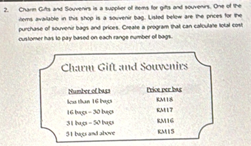 Charm Gifts and Souvenirs is a supplier of items for gifts and souvenirs. One of the 
items avaitable in this shop is a souvenir bag. Listed below are the prices for the 
purchase of souvenir bags and prices. Create a program that can calculate total cost 
customer has to pay based on each range number of bags. 
Charm Gift and Souvenirs 
Number of bags Price per bas 
less than 16 lvgs RMI8
16 bgs - 30 buç
RM17
31 tugs - 50 tugs
RMIG
51 bags and above
RMI5