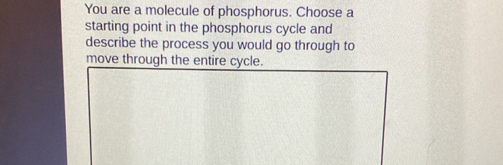 You are a molecule of phosphorus. Choose a 
starting point in the phosphorus cycle and 
describe the process you would go through to 
move through the entire cycle.