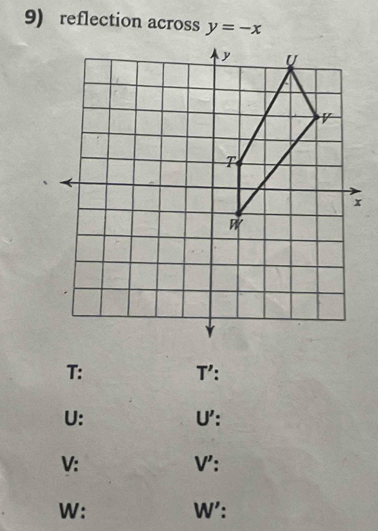 reflection across y=-x
T: T':
U : U ':
V : V' :
W : W' :