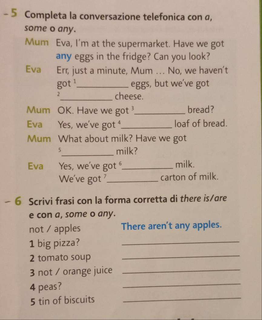 Completa la conversazione telefonica con a, 
some o any. 
Mum Eva, I'm at the supermarket. Have we got 
any eggs in the fridge? Can you look? 
Eva Err, just a minute, Mum . . No, we haven't 
got^1 _ eggs, but we’ve got 
2_ cheese. 
Mum OK. Have we got _bread? 
Eva Yes, we've got _loaf of bread. 
Mum What about milk? Have we got 
5 
_milk? 
Eva Yes, we've got _milk. 
We've got _carton of milk. 
6 Scrivi frasi con la forma corretta di there is/are 
e con a, some o any. 
not / apples There aren't any apples. 
1 big pizza?_ 
2 tomato soup 
_ 
3 not / orange juice_ 
_ 
_
4 peas?
5 tin of biscuits