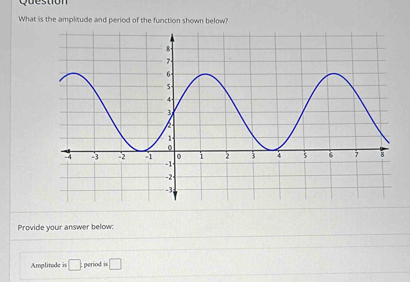 Question 
What is the amplitude and period of the function shown below? 
Provide your answer below: 
Amplitude is □; period is □