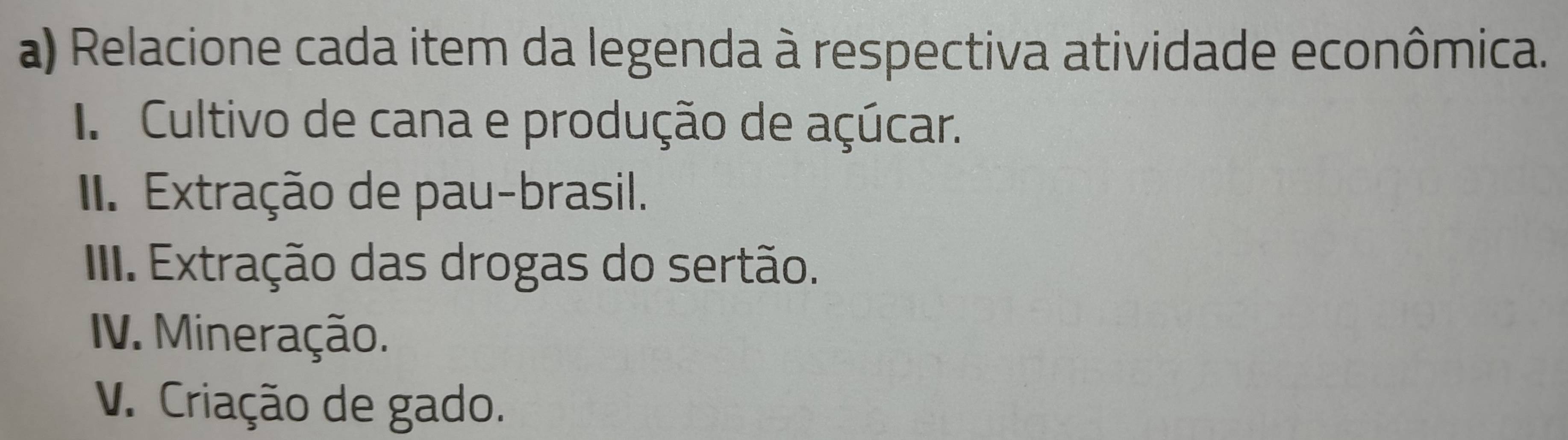 Relacione cada item da legenda à respectiva atividade econômica. 
I Cultivo de cana e produção de açúcar. 
II. Extração de pau-brasil. 
IIII. Extração das drogas do sertão. 
IV. Mineração. 
V. Criação de gado.