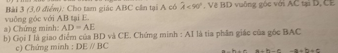 (3,0 điểm): Cho tam giác ABC cân tại A có widehat A<90° , Vẽ BD vuông góc với AC tại D,CE 
vuông góc với AB tại E. 
a) Chứng minh: AD=AE
b) Gọi I là giao điểm của BD và CE. Chứng minh : AI là tia phân giác của gốc BAC
c) Chứng minh : DE//BC
a-b+c a+b-c -a+b+c