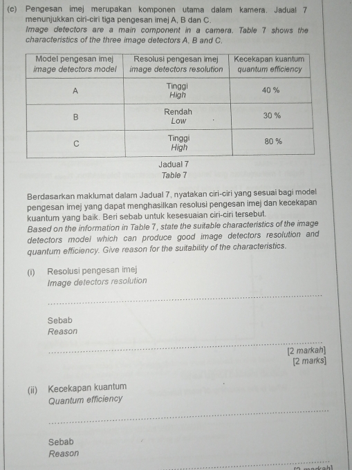 Pengesan imej merupakan komponen utama dalam kamera. Jadual 7 
menunjukkan ciri-ciri tiga pengesan imej A, B dan C. 
Image detectors are a main component in a camera. Table 7 shows the 
characteristics of the three image detectors A, B and C. 
Table 7 
Berdasarkan maklumat dalam Jadual 7, nyatakan ciri-ciri yang sesuai bagi model 
pengesan imej yang dapat menghasilkan resolusi pengesan imej dan kecekapan 
kuantum yang baik. Beri sebab untuk kesesuaian ciri-ciri tersebut. 
Based on the information in Table 7 , state the suitable characteristics of the image 
detectors model which can produce good image detectors resolution and 
quantum efficiency. Give reason for the suitability of the characteristics. 
(i) Resolusi pengesan imej 
Image detectors resolution 
_ 
Sebab 
Reason 
_ 
[2 markah] 
[2 marks] 
(ii) Kecekapan kuantum 
_ 
Quantum efficiency 
Sebab 
Reason 
_