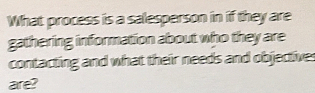 What process is a salesperson in if they are 
gathering information about who they are 
contacting and what their needs and objectives 
are?