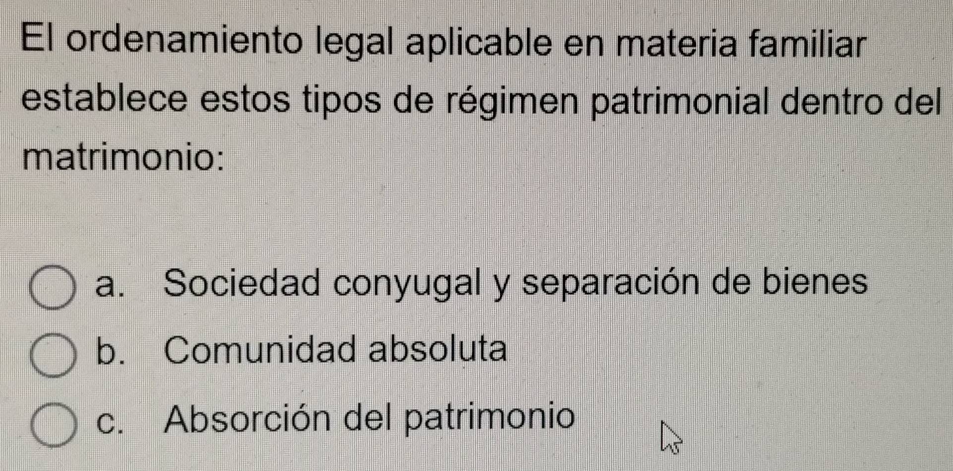 El ordenamiento legal aplicable en materia familiar
establece estos tipos de régimen patrimonial dentro del
matrimonio:
a. Sociedad conyugal y separación de bienes
b. Comunidad absoluta
c. Absorción del patrimonio