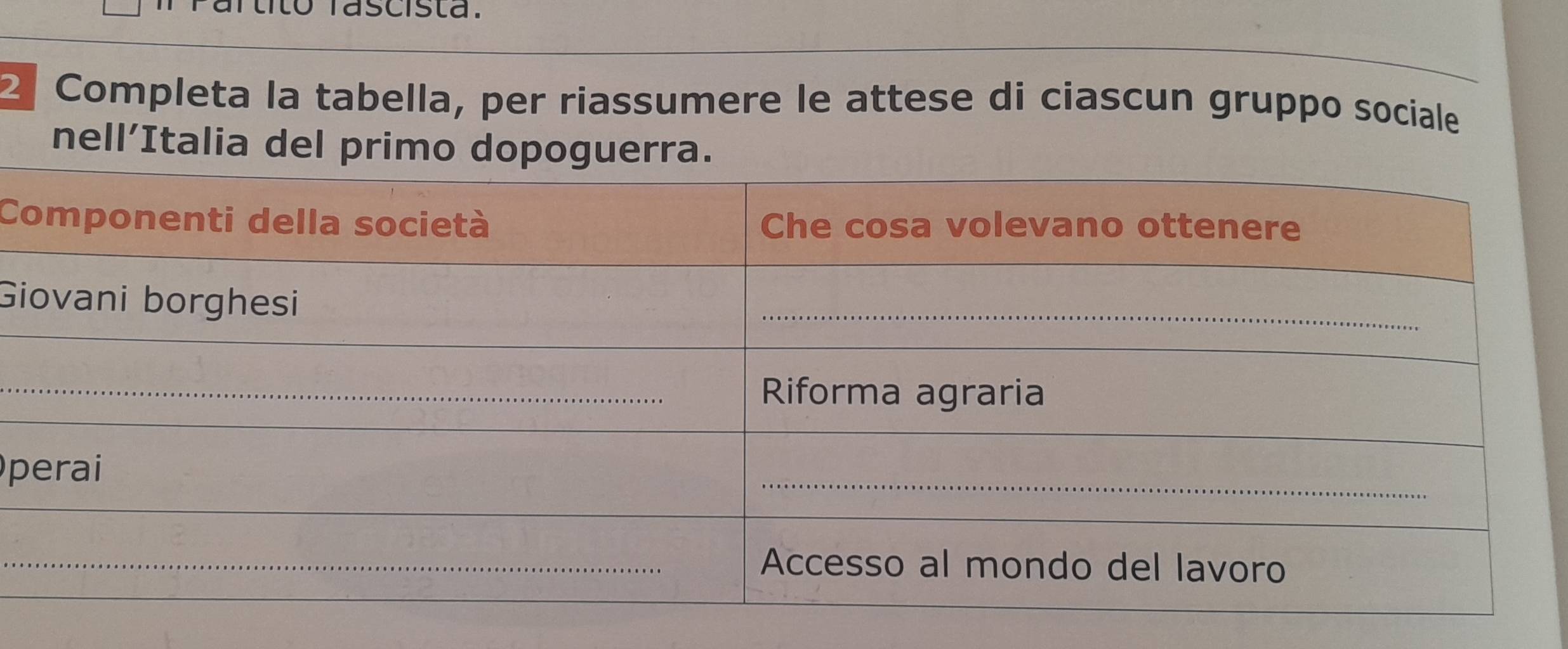 rascista. 
2ª Completa la tabella, per riassumere le attese di ciascun gruppo sociale 
nell’Italia del primo dopoguerra. 
C 
Gi 
p