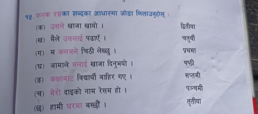 १५. फरक रड़का शब्दका आधारमा जोडा मिलाउनहोस् : 
(क) उसले खाजा खायो। द्वितीया 
(ख) मैले उसलाई पढाएँ । चतुर्थी 
(ग) म कलमले चिठी लेखब्छ । प्रथमा 
(घ) आमाले मलाई खाजा दिनुभयो। 
षष्ठी 
(ङ) कक्षाबाट विद्यर्थी बाहिर गए। सप्तमी 
(च) मेरो दाइको नाम रेसम हो। प॰्चमी 
(छ) हामी घरमा बस्छौं। 
तृतीया