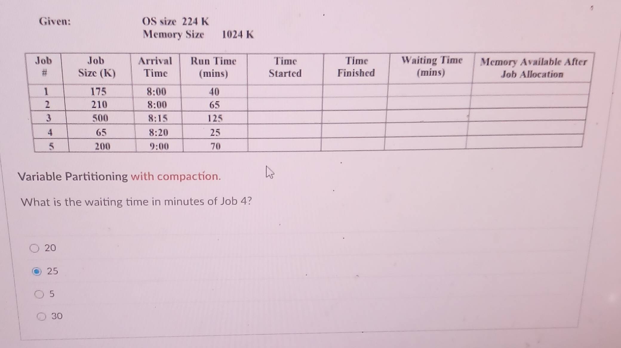 Given: OS size 224 K
Memory Size 1024 K
Variable Partitioning with compaction.
What is the waiting time in minutes of Job 4?
20
25
5
30