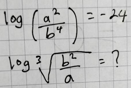 log ( a^2/b^4 )=-24
log sqrt[3](frac b^2)a= ?