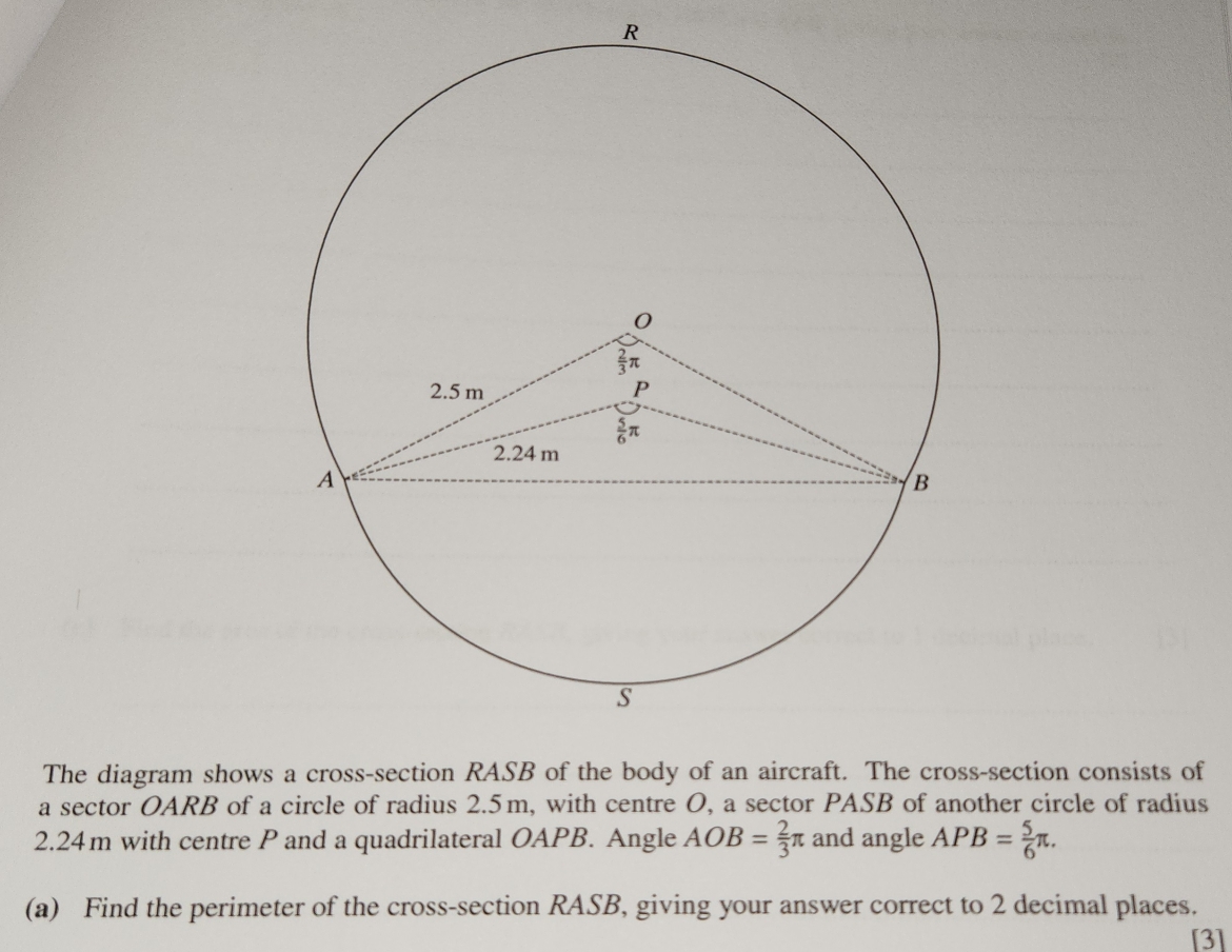 The diagram showss-section consists of
a sector OARB of a circle of radius 2.5m, with centre O, a sector PASB of another circle of radius
2.24m with centre P and a quadrilateral OAPB. Angle AOB= 2/3 π and angle APB= 5/6 π .
(a) Find the perimeter of the cross-section RASB, giving your answer correct to 2 decimal places.
[3]