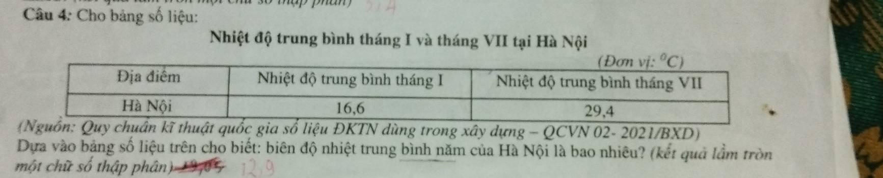 man 
Câu 4: Cho bảng số liệu:
Nhiệt độ trung bình tháng I và tháng VII tại Hà Nội
ĐKTN dùng trong xây dựng - QCVN 02- 2021/BXD)
Dựa vào bảng số liệu trên cho biết: biên độ nhiệt trung bình năm của Hà Nội là bao nhiêu? (kết quả lầm tròn
một chữ số thập phân)