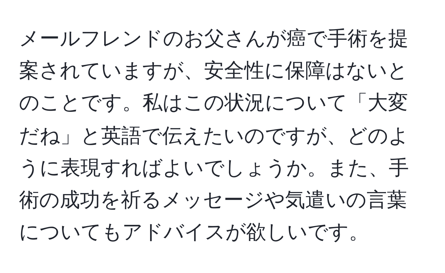 メールフレンドのお父さんが癌で手術を提案されていますが、安全性に保障はないとのことです。私はこの状況について「大変だね」と英語で伝えたいのですが、どのように表現すればよいでしょうか。また、手術の成功を祈るメッセージや気遣いの言葉についてもアドバイスが欲しいです。