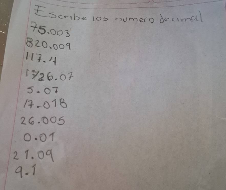 scribe los numero dccimal
45. 003
820. 009
117. 4
1826. 07
5. 07
1. 018
26. 005
O. 01
2 1. 09
901