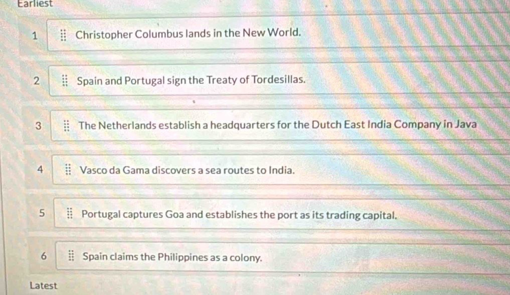 Earliest 
1 Christopher Columbus lands in the New World. 
2 Spain and Portugal sign the Treaty of Tordesillas. 
3 The Netherlands establish a headquarters for the Dutch East India Company in Java 
4 Vasco da Gama discovers a sea routes to India. 
5 Portugal captures Goa and establishes the port as its trading capital. 
6 Spain claims the Philippines as a colony. 
Latest