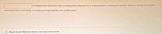 endoplasmic reticulum has no ribosomes attached to it, and provides a membrane surface where a variety of complex 
carbohydrates and lipids, including phospholipids, are synthesized. 
Need help? Review these concept resources.