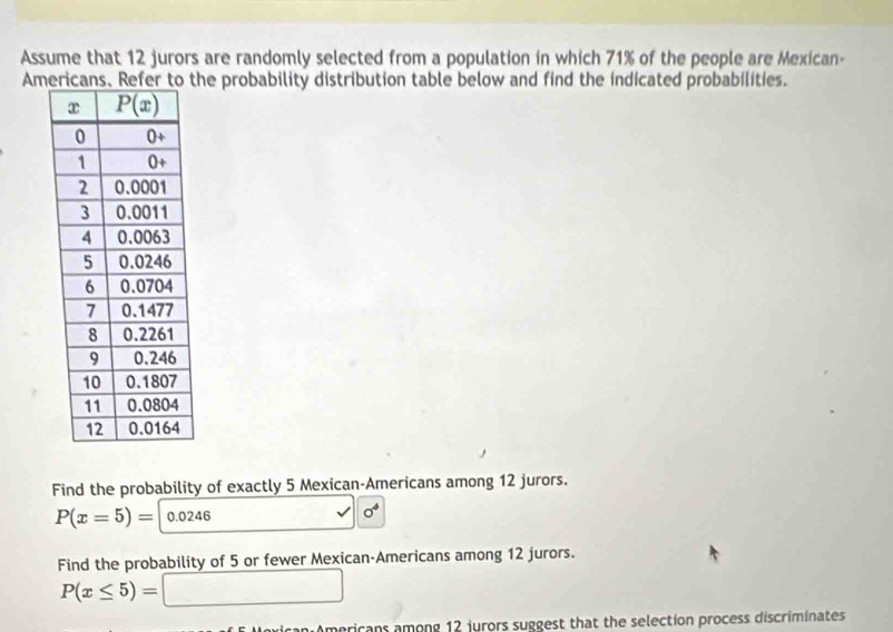 Assume that 12 jurors are randomly selected from a population in which 71% of the people are Mexican-
Americans. Refer to the probability distribution table below and find the indicated probabilities.
Find the probability of exactly 5 Mexican-Americans among 12 jurors.
P(x=5)=|0.0246
o^4
Find the probability of 5 or fewer Mexican-Americans among 12 jurors.
P(x≤ 5)=□
Americans among 12 jurors suggest that the selection process discriminates