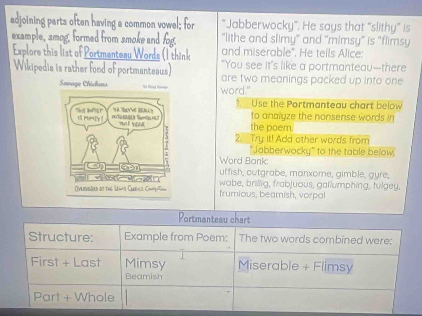 adjoining parts often having a common vowel; for “Jabberwocky”. He says that “slithy” is 
example, smog, formed from smoke and fog. “lithe and slimy” and “mimsy” is “flimsy 
Explore this list of Portmanteau Words (I think and miserable'. He tells Alice: 
“You see it’s like a portmanteau—there 
Wikipedia is rather fond of portmanteaus) are two meanings packed up into one 
word." 
1. Use the Portmanteau chart below 
to analyze the nonsense words in 
the poem 
2. Try it! Add other words from 
"Jabberwocky” to the table below, 
Word Bank: 
uffish, outgrabe, manxome, gimble, gyre, 
wabe, brillig, frabjuous, gallumphing, tulgey, 
frumious, beamish, vorpal 
Portmanteau chart 
Structure: Example from Poem: The two words combined were: 
First + Last Mimsy Miserable + Flimsy 
Beamish 
Part + Whole