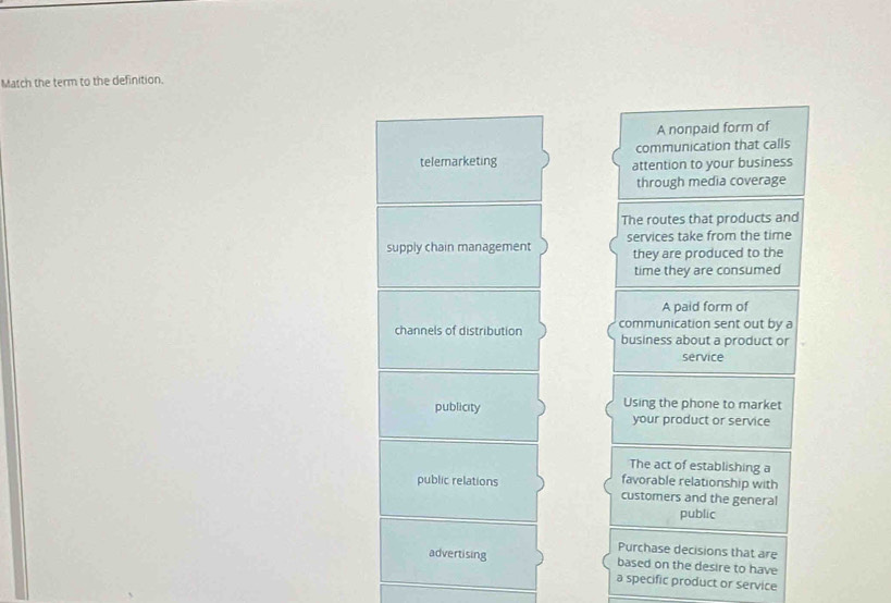 Match the term to the definition.
A nonpaid form of
communication that calls
telemarketing attention to your business
through media coverage
The routes that products and
supply chain management services take from the time
they are produced to the
time they are consumed
A paid form of
channels of distribution communication sent out by a
business about a product or
service
publicity Using the phone to market
your product or service
The act of establishing a
favorable relationship with
public relations customers and the general
public
Purchase decisions that are
advertising based on the desire to have
a specific product or service