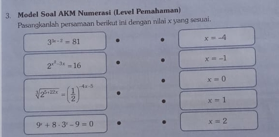 Model Soal AKM Numerasi (Level Pemahaman) 
Pasangkanlah persamaan berikut ini dengan nilai x yang sesuai.
3^(3x-2)=81
x=-4
x=-1
2^(x^2)-3x=16
x=0
sqrt[3](2^(5+22x))=( 1/2 )^-4x-5
x=1
9^x+8· 3^x-9=0
x=2