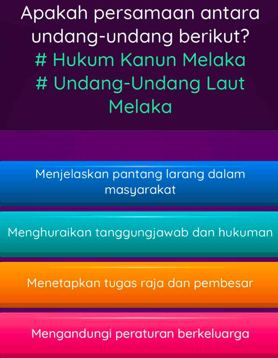 Apakah persamaan antara
undang-undang berikut?
# Hukum Kanun Melaka
# Undang-Undang Laut
Melaka
Menjelaskan pantang larang dalam
masyarakat
Menghuraikan tanggungjawab dan hukuman
Menetapkan tugas raja dan pembesar
Mengandungi peraturan berkeluarga