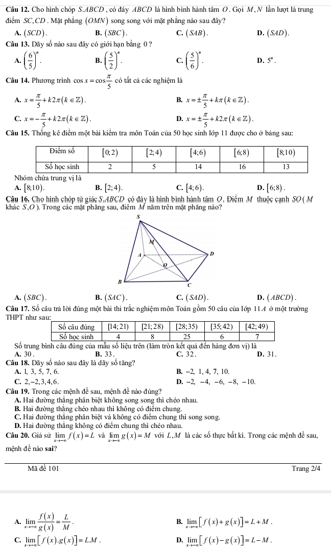 Cho hình chóp S.ABCD , có đáy ABCD là hình bình hành tâm O. Gọi M,N lần lượt là trung
diểm SC,CD . Mặt phẳng (OMN) song song với mặt phẳng nào sau đây?
A. S CD ). B. SB C). C. (SAB). D. (SAD).
Câu 13. Dãy số nào sau đây có giới hạn bằng 0 ?
A. ( 6/5 )^n. B. ( 5/2 )^n. C. ( 5/6 )^n. D. 5^n.
Câu 14. Phương trình cos x=cos  π /5  có tất cả các nghiệm là
A. x= π /5 +k2π (k∈ Z). x=±  π /5 +kπ (k∈ Z).
B.
C. x=- π /5 +k2π (k∈ Z). x=±  π /5 +k2π (k∈ Z).
D.
Câu 15. Thống kê điểm một bài kiểm tra môn Toán của 50 học sinh lớp 11 được cho ở bảng sau:
Nhóm chứa trung vị là
A. [8;10). B. [2;4). C. [4;6). D. [6;8).
Câu 16, Cho hình chóp tứ giác S.ABCD có đáy là hình bình hành tâm O. Điểm Mỹ thuộc cạnh SO ( M
khác.0 ( ). Trong các mặt phăng sau, điêm M năm trên mặt phăng nào?
A. (SBC). B. ( SAC) . C. (SAD). D. ( ABCD) .
Câu 17. Số câu trả lời đúng một bài thi trắc nghiệm môn Toán gồm 50 câu của lớp 114 ở một trường
THPT n
Số trung bình câu đúng của mẫu số liệu trên (làm tròn kết quả đến hàng đơn vị) là
A. 30 . B. 33 . C. 32 . D. 31.
Câu 18. Dãy số nào sau đây là dãy số tăng?
A. l, 3, 5, 7, 6. B. −2, 1, 4, 7, 10.
C. 2,-2,3,4,6. D. -2, -4, -6, -8, -10.
Câu 19. Trong các mệnh đề sau, mệnh đề nào đúng?
A. Hai đường thẳng phân biệt không song song thì chéo nhau.
B. Hai đường thắng chéo nhau thì không có điểm chung.
C. Hai đường thẳng phân biệt và không có điểm chung thì song song.
D. Hai đường thẳng không có điểm chung thì chéo nhau.
Câu 20. Giả sử limlimits _xto -∈fty f(x)=L và limlimits _xto -∈fty g(x)=M với L,M là các số thực bắt kì. Trong các mệnh đề sau,
mệnh đề nào sai?
Mã đề 101 Trang 2/4
A. limlimits _xto -∈fty  f(x)/g(x) = L/M .
B. limlimits _xto -∈fty [f(x)+g(x)]=L+M.
C. limlimits _xto -∈fty [f(x).g(x)]=LM. limlimits _xto -∈fty [f(x)-g(x)]=L-M.
D.