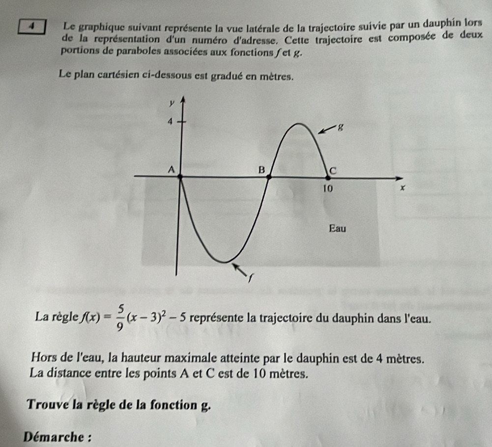 Le graphique suivant représente la vue latérale de la trajectoire suivie par un dauphin lors 
de la représentation d'un numéro d'adresse. Cette trajectoire est composée de deux 
portions de paraboles associées aux fonctions ∫ et g. 
Le plan cartésien ci-dessous est gradué en mètres. 
La règle f(x)= 5/9 (x-3)^2-5 représente la trajectoire du dauphin dans l'eau. 
Hors de l'eau, la hauteur maximale atteinte par le dauphin est de 4 mètres. 
La distance entre les points A et C est de 10 mètres. 
Trouve la règle de la fonction g. 
Démarche :